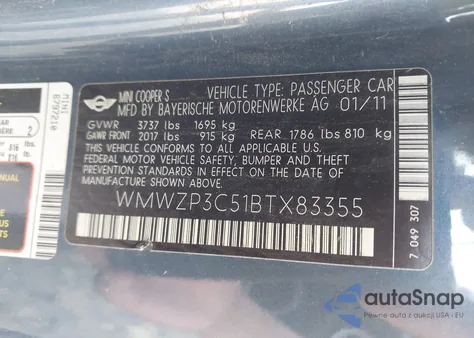2011 Mini Cooper S S from USA, damaged, VIN WMWZP3C51BTX83355